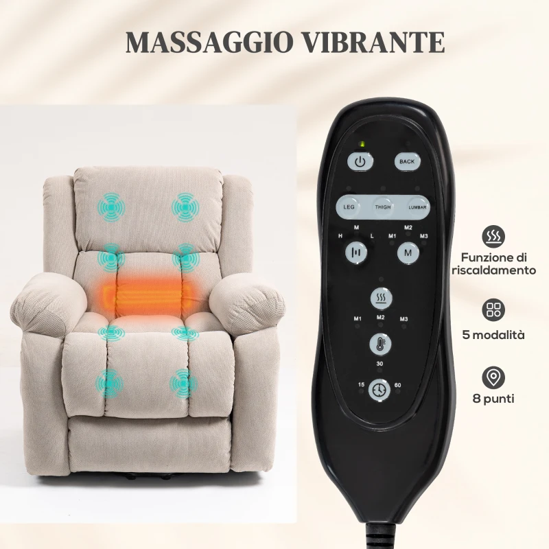 HOMCOM Poltrona Alzapersona Massaggiante e Reclinabile con 2 Tasche e Telecomando, 93x104x105 cm, Beige