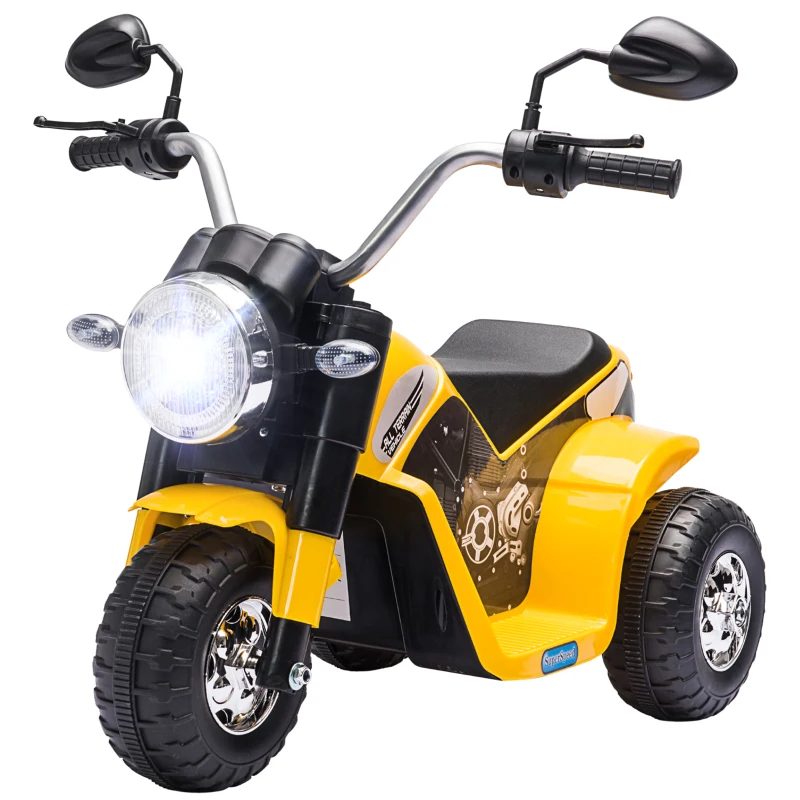 HOMCOM Moto Eléctrica Infantil con 3 Ruedas Moto Eléctrica para Niños de 18-36 Meses Triciclo a Batería 6V con Faro Bocina 72x57x56 cm Amarillo