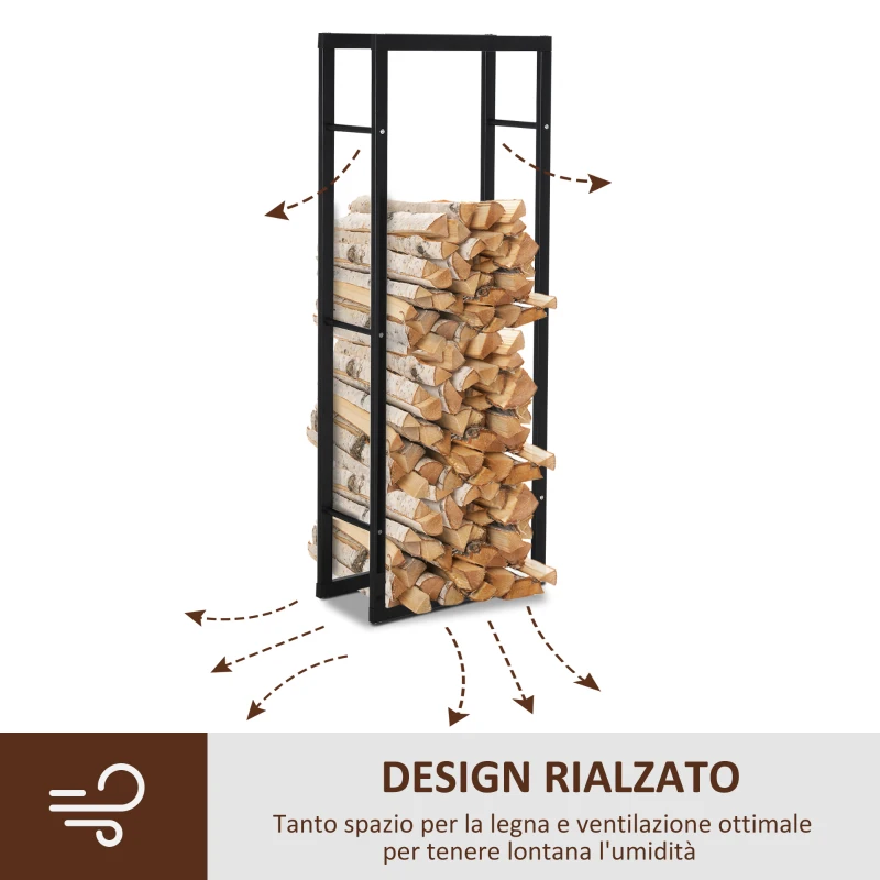 HOMCOM Porta Legna Verticale in Metallo Nero da Interni ed Esterni con Portata 100 kg max, 40x25x150 cm