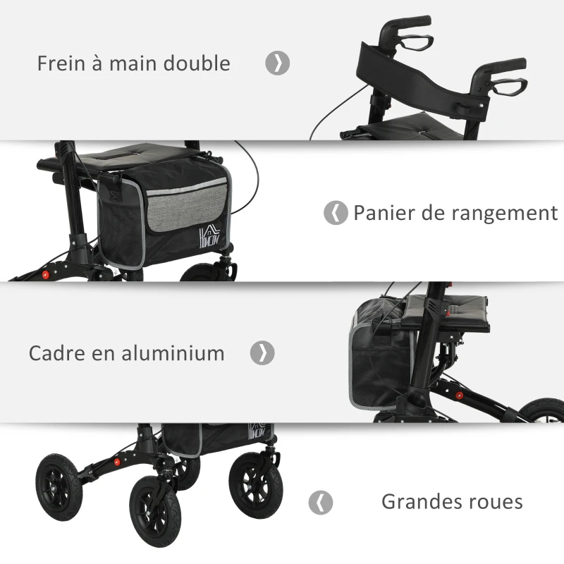 HOMCOM Déambulateur 4 roues pliable, rollator en aluminium léger, siège rembourré, dossier, poignée réglable, 69x64x98,5cm noir