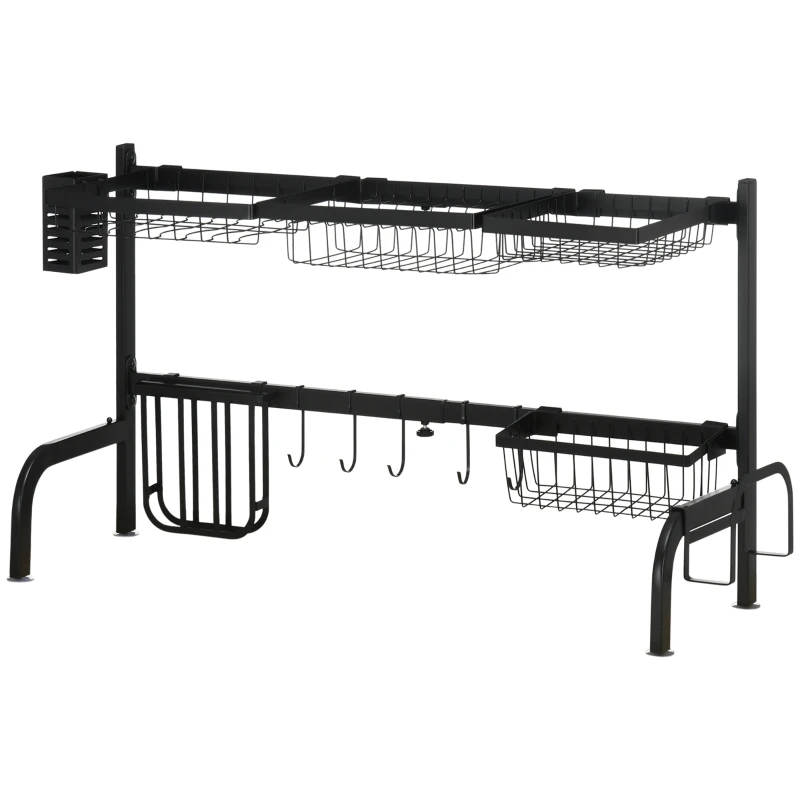 HOMCOM Space Saving 2 Tier Adjustable Dish Drainer Over The Sink Dish Drying Rack, Black