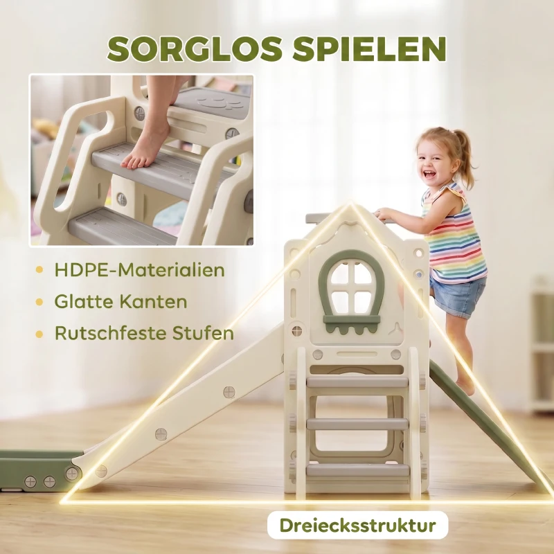 AIYAPLAY Faltbare 5-in-1 Kleinkinderrutsche mit Kletterelement, Basketballkorb, Stauraum und Basketball für Kinder von 1-3 Jahren, Cremeweiß