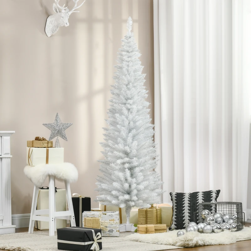 HOMCOM Albero di Natale Slim Artificiale 180 cm con Rami Realistici, Albero di Natale Alto e Stretto con Base Pieghevole, Bianco