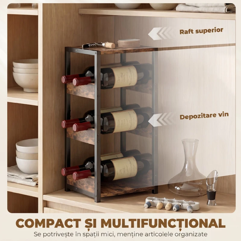 HOMCOM Suport pentru Sticle, Rafturi Ondulate, Picioare Reglabile, Maro Rustic, Negru
