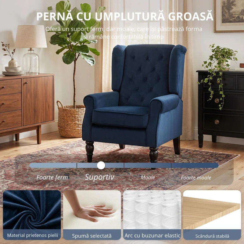 HOMCOM Fotoliu de living capitonat cu șezut lat, picioare din lemn, stil clasic, confort sporit, 74x86x102cm, albastru închis