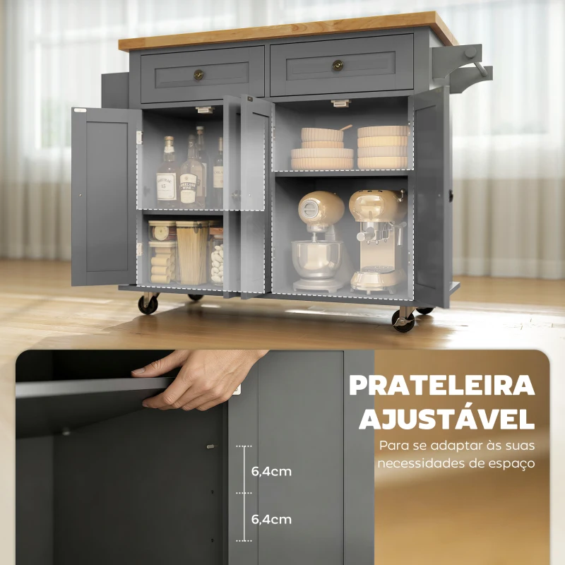 HOMCOM Ilha de Cozinha com Rodas 2 Gavetas 4 Portas Suporte para Temperos e Barra Lateral 111x44,5x82,5 cm Cinzento e Madeira