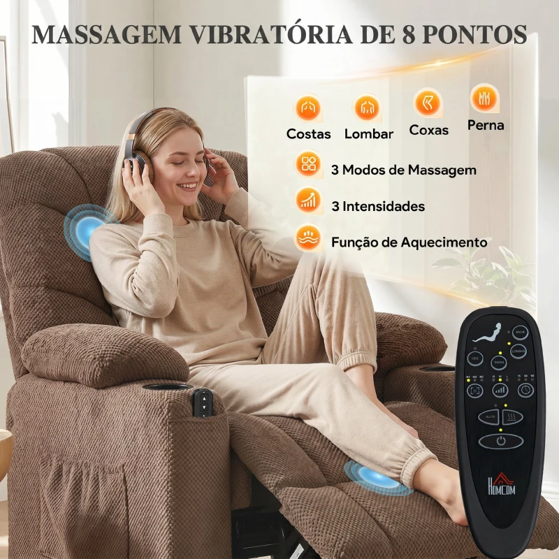 HOMCOM Cadeirão Relax Reclinável Elétrico com Calor Lombar, Massagem Vibratória, Motor Silencioso, Função Memória, Bolsos e USB, Castanho