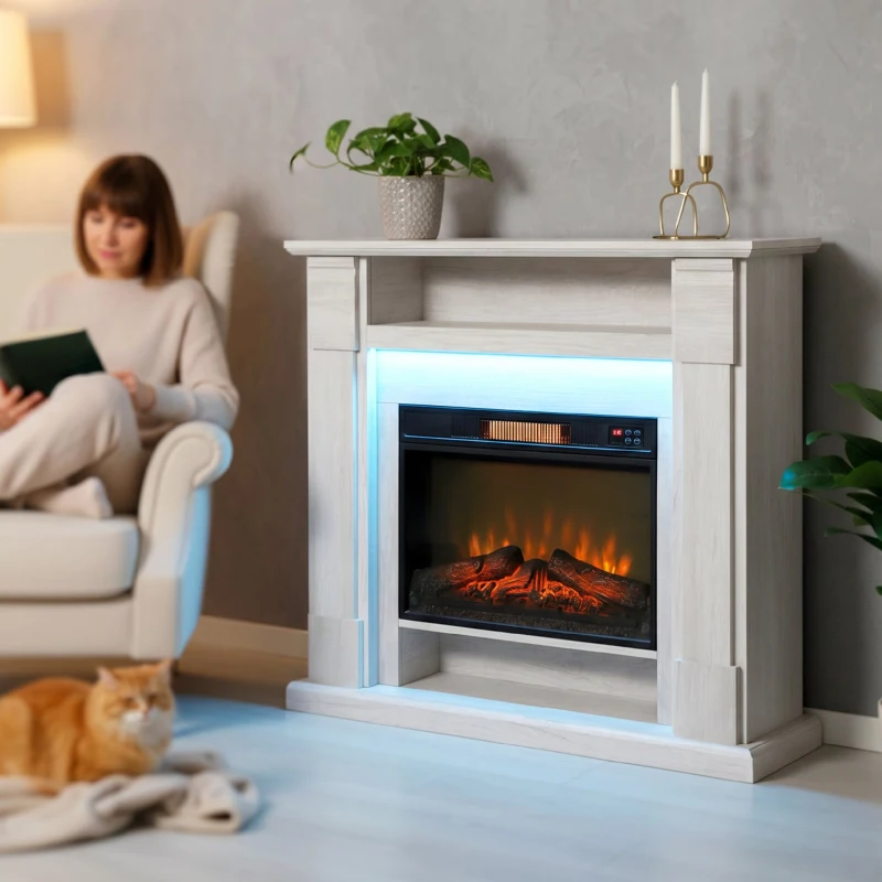 HOMCOM Șemineu Electric 1800W Reglabil cu Flacără 3D, Raft, Timer și Telecomandă, 105x27x97 cm, culoare Lemn
