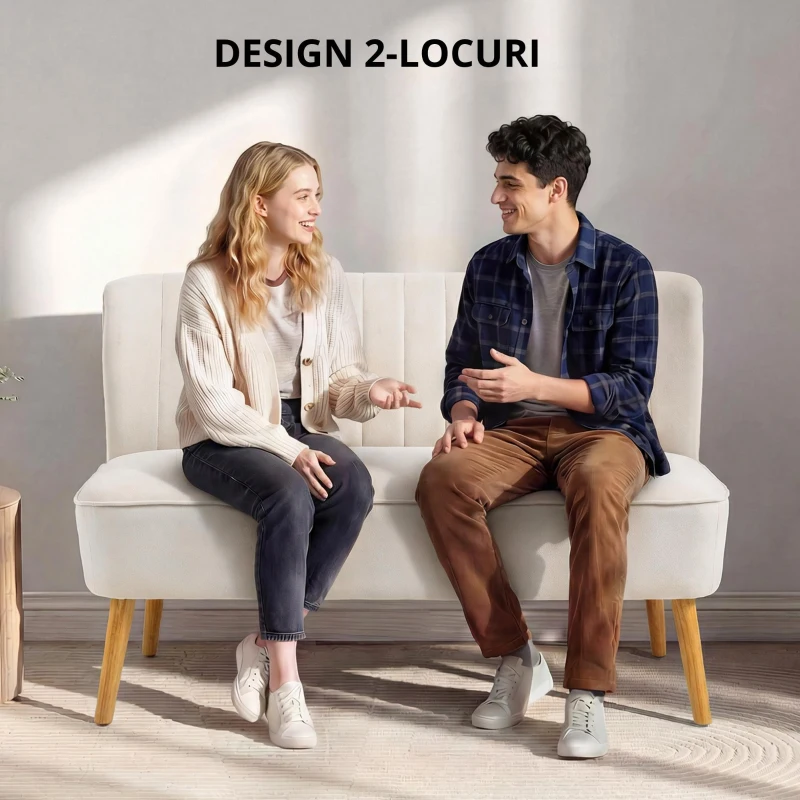 HOMCOM Canapea design retro 2 locuri, picioare din lemn, 117 cm x 56,5 cm x 77 cm, crem