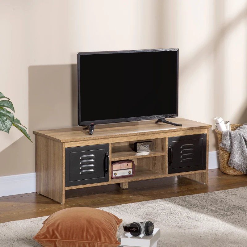 HOMCOM Meuble TV Banc TV 110 cm Design Industriel, avec 2 placards, 2 niches, 2 Passe-Fils, Aspect Bois veinage Portes métal Noir