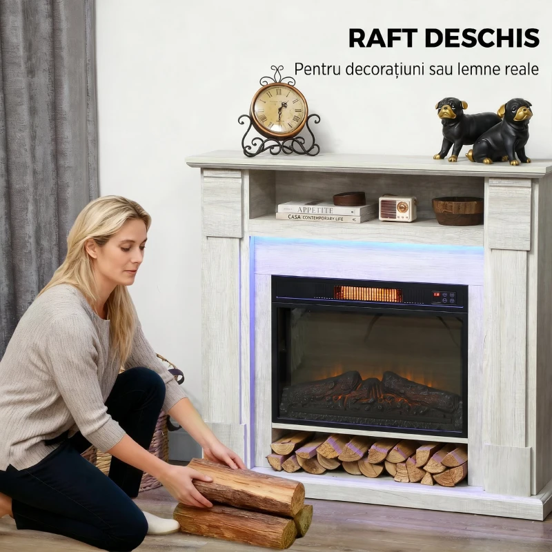 HOMCOM Șemineu Electric 1800W Reglabil cu Flacără 3D, Raft, Timer și Telecomandă, 105x27x97 cm, culoare Lemn