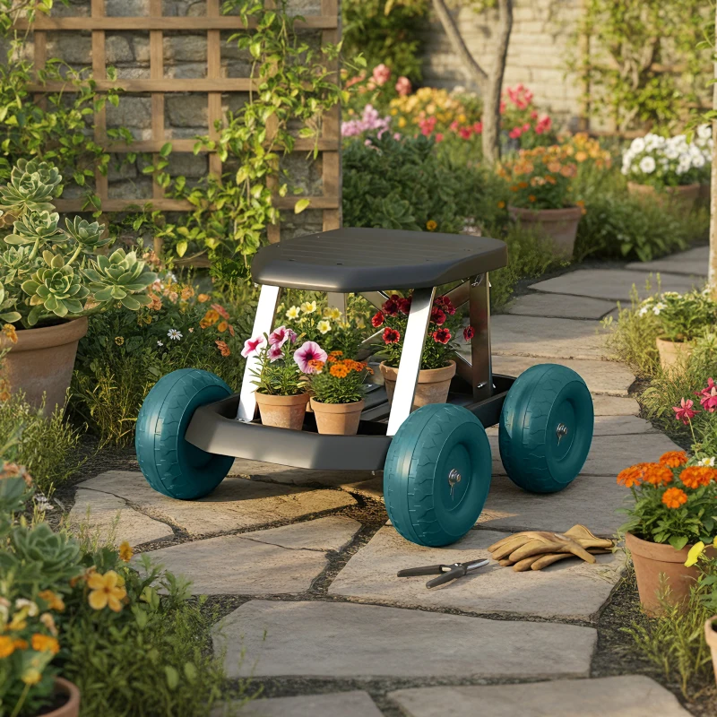 Outsunny Siège de jardin sur roues tabouret de jardinage plateau à outils pour désherber planter 50 x 49 x 32 cm vert foncé