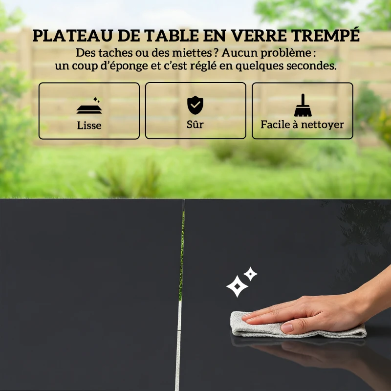 Outsunny Ensemble de Salle à Manger d'Extérieur 7 Pièces pour 6 Personnes, Table en Verre et Chaises avec Accoudoirs Décoratifs, Maille Résistante aux Intempéries, Noir