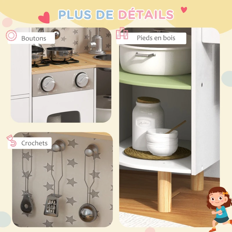 AIYAPLAY Cuisine enfant 3-8 ans jeu d'imitation avec machine à glaçons, évier mobile en acier inoxydable 84 x 34 x 89 cm blanc