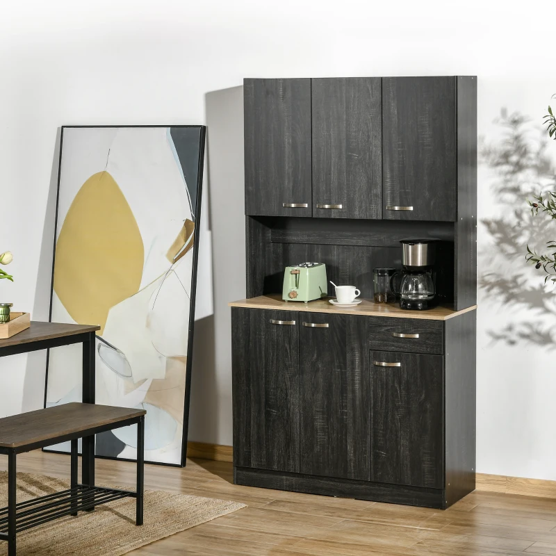 HOMCOM Armário de Cozinha Aparador de Sala de Jantar com 1 Gaveta 6 Portas e Prateleiras Ajustáveis Estilo Moderno 101x39x180 cm Preto e Madeira