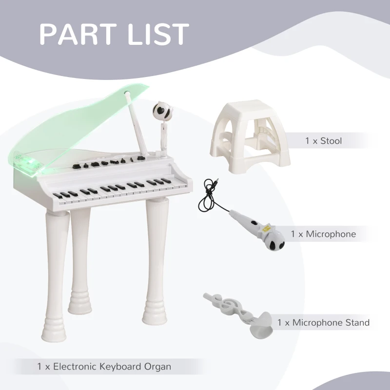 AIYAPLAY Piano Eletrónico para Crianças com 32 Teclas Microfone Luzes 22 Músicas 4 Tons e Volume Ajustável 37x30,5x60,4 cm Branco
