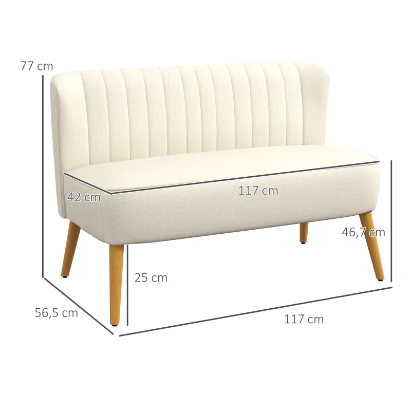 HOMCOM Canapé 2 places, canapé de salon en tissu aspect lin, assise rembourrée et pieds en bois d'hévéa, 117x56,5x77cm, crème