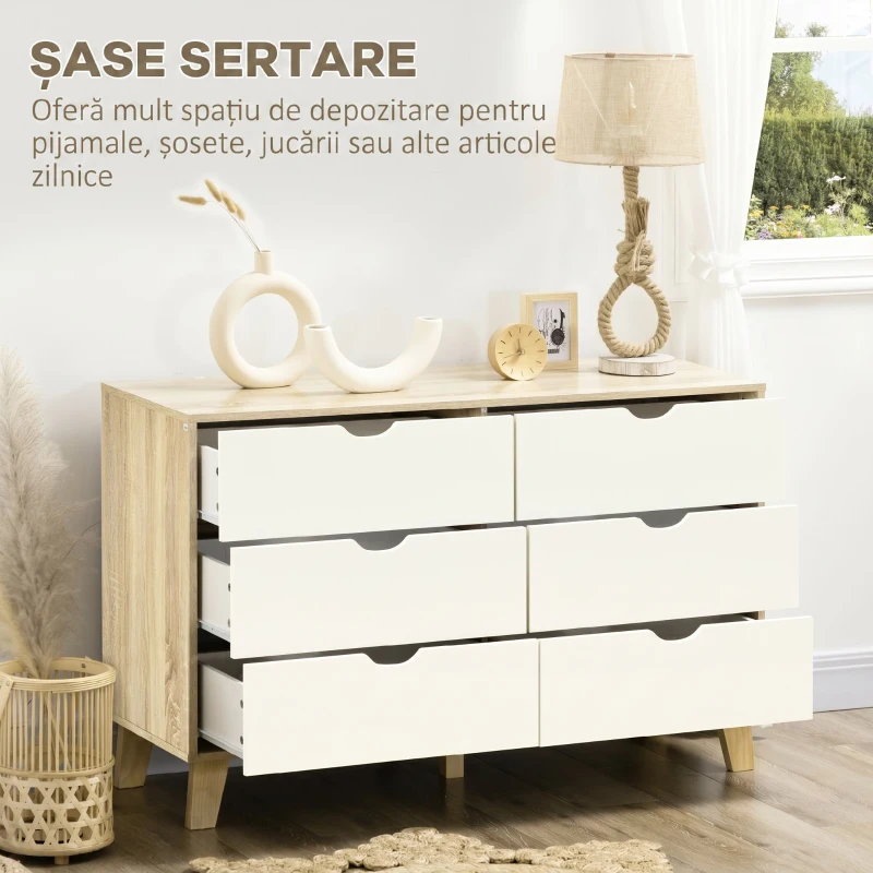 HOMCOM Comodă cu 6 sertare și mânere sculptate, din lemn, 120x40x76 cm, alb și stejar