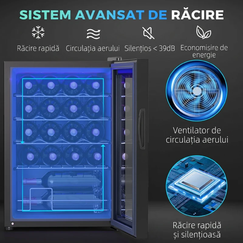 HOMCOM Cantină Frigorifică pentru 20 de Sticle, Capacitate 53L, Ușă Anti-UV și Rafturi Reglabile, Negru