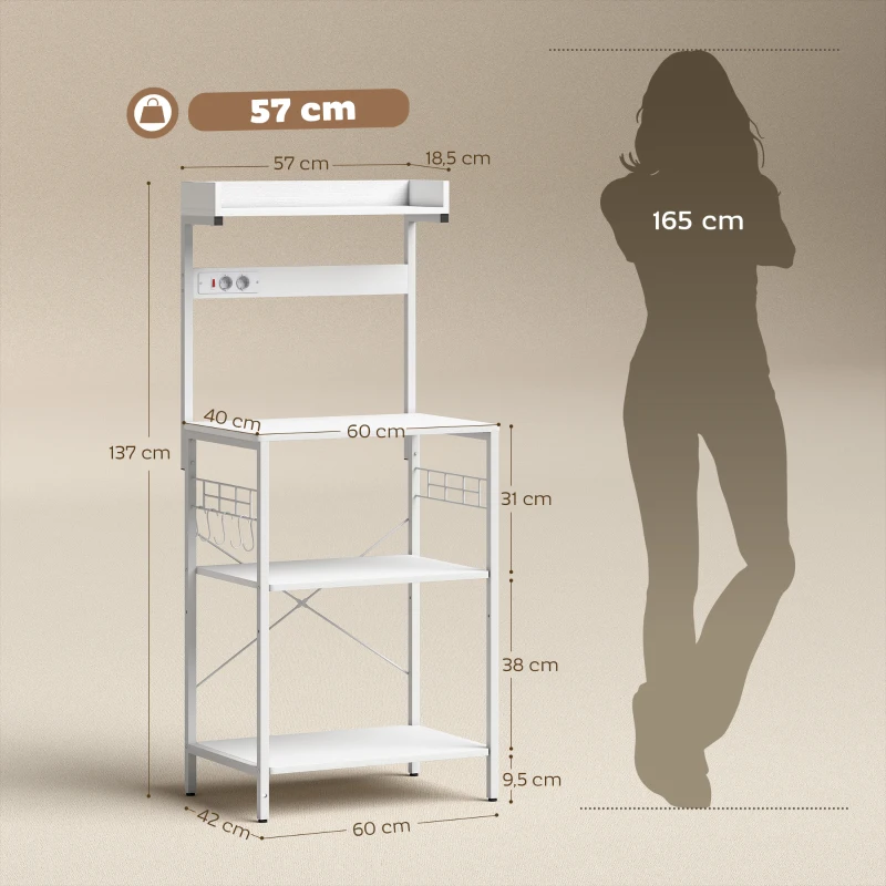HOMCOM Estante de Cozinha com 2 Tomadas Prateleira para Micro-ondas Prateleira Ajustável Ganchos 60x42x137 cm Branco
