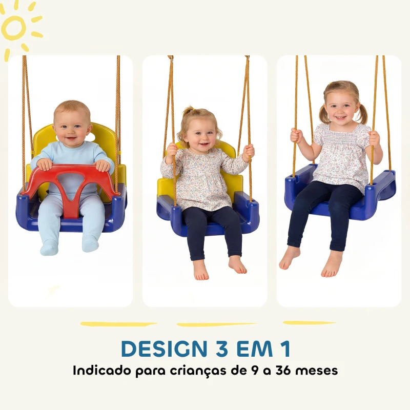 Outsunny Baloiço Infantil 3 em 1 Cordas Ajustáveis com Encosto Amovível Barra em T Cinto de Segurança Azul Escuro