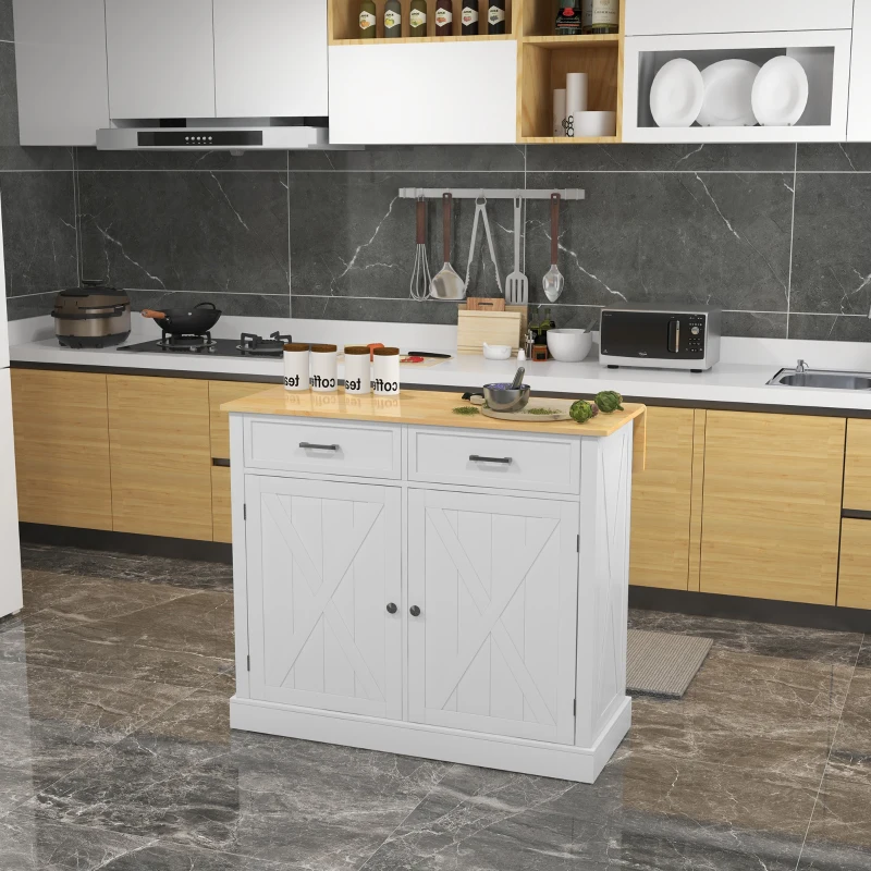 HOMCOM Ilha de Cozinha com Bancada de Madeira Dobrável 2 Portas 2 Gavetas Prateleira Ajustável e 4 Rodas 10x60x90,5 cm Branco e Madeira