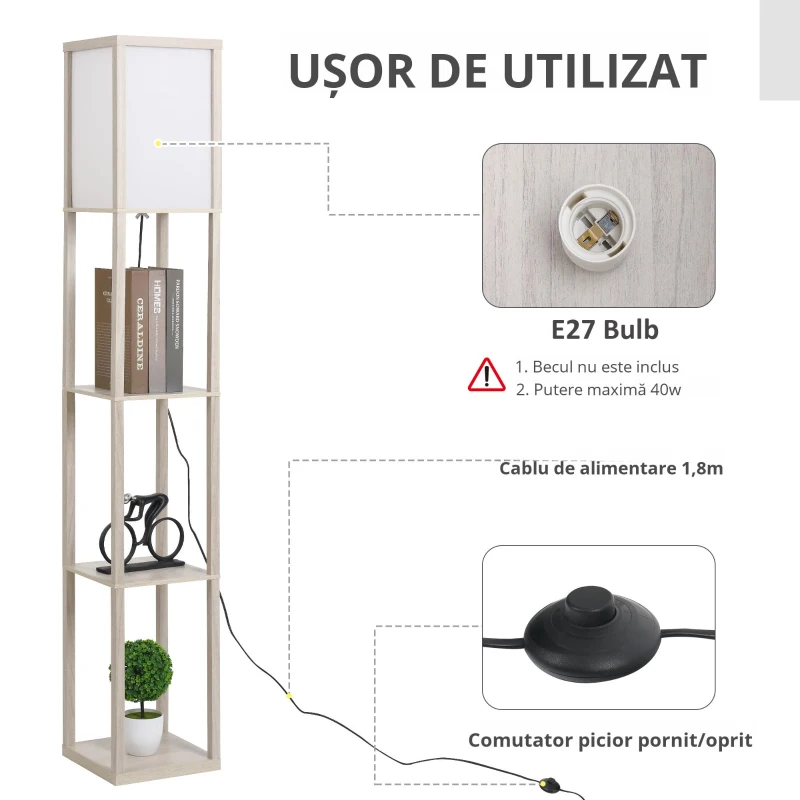 HOMCOM Lampa de Podea cu 3 Polite Integrate Cuplare E27 Putere 40W Stejar