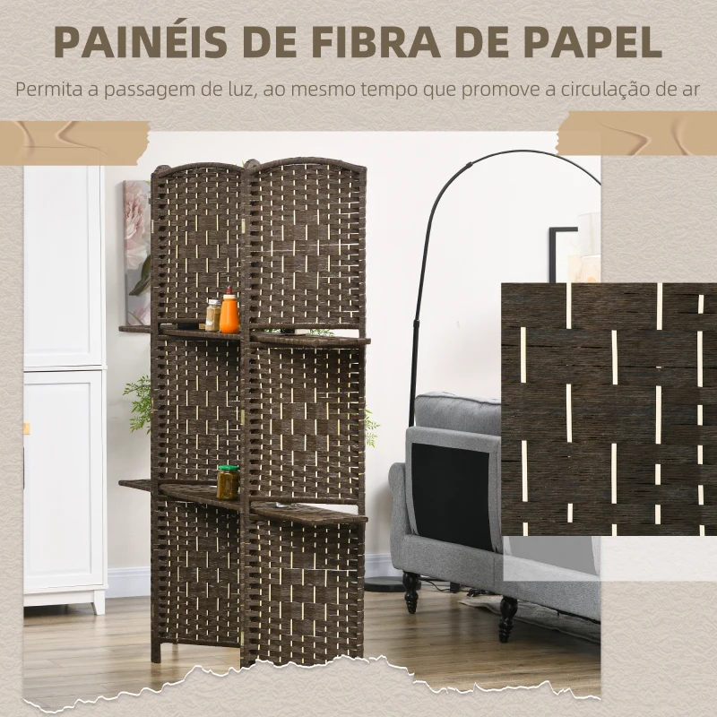 HOMCOM Biombo Separador de Ambientes 4 Painéis 160x170 cm com 2 Prateleiras Dobrável de Fibra de Papel Castanho