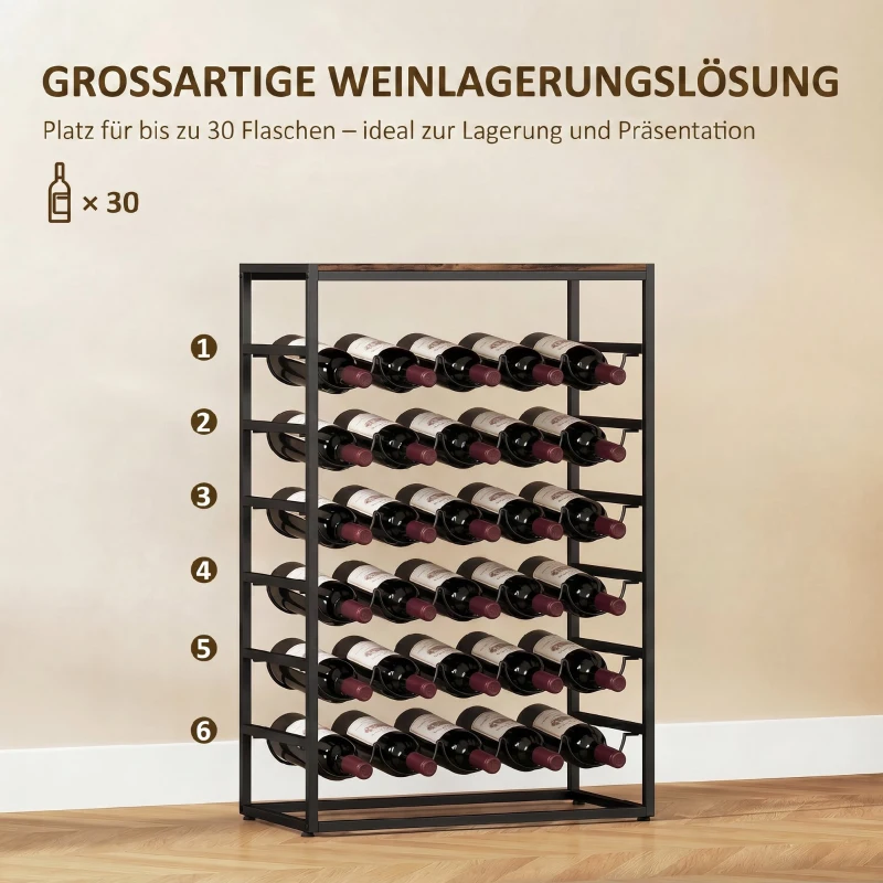 HOMCOM Weinregal für 30 Flaschen freistehendes Flaschenregal aus Metall für Keller Lagerraum 59 x 30 x 88,5 cm Rustikal-Braun