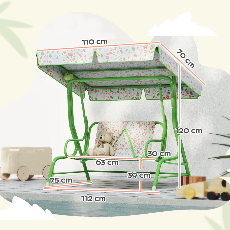 AIYAPLAY Dondolo per Bambini da Esterno a 2 Posti con Tettuccio Regolabile e Cinture di Sicurezza, 112x75x120 cm, Verde