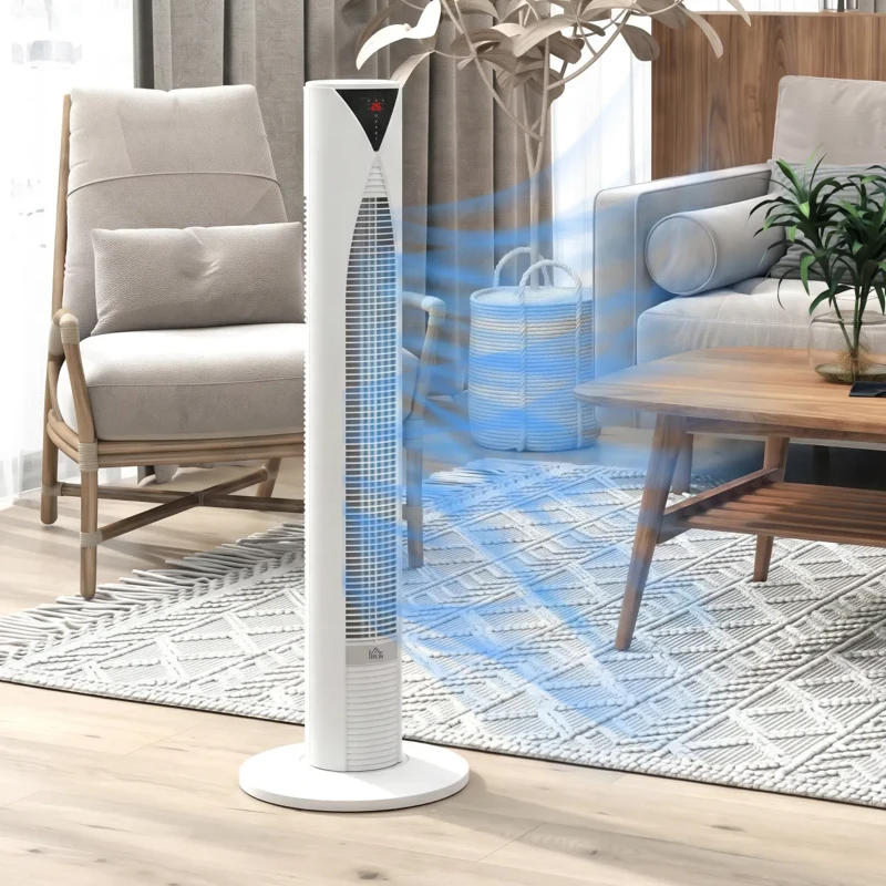 HOMCOM Ventilateur tour avec télécommande minuterie 12 heures mode veille 3 vitesses 31,5 x 31,5 x 96 cm blanc
