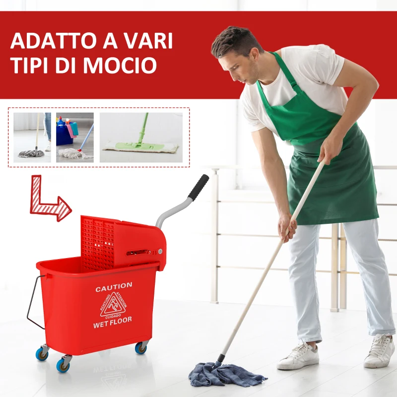 HOMCOM Carrello Pulizie Carrello Lavapavimenti con Strizzatore 60x27x70.5cm Rosso