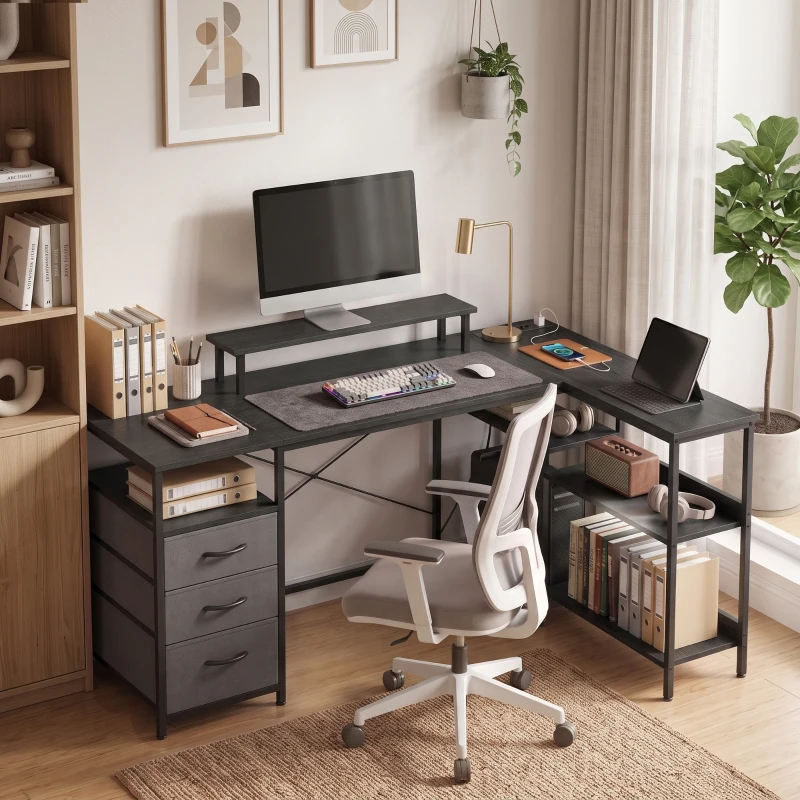 HOMCOM Escritorio en forma de L, escritorio de esquina reversible con cajones y estantes, 170 cm, Negro