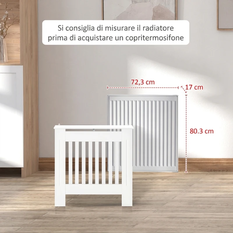 HOMCOM Copritermosifone in Legno Bianco per Caloriferi e Radiatori, Copri Termosifone Moderno con Anti-ribaltamento, Doghe e Piano d'Appoggio, 78x19x81cm