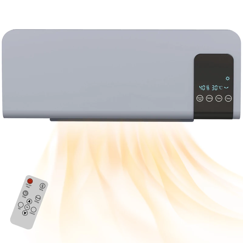 HOMCOM Ventilator Termic de Perete Oscilant cu Telecomandă, Temporizator 12h și 2 Moduri, 54.5x12x21.5 cm, Gri