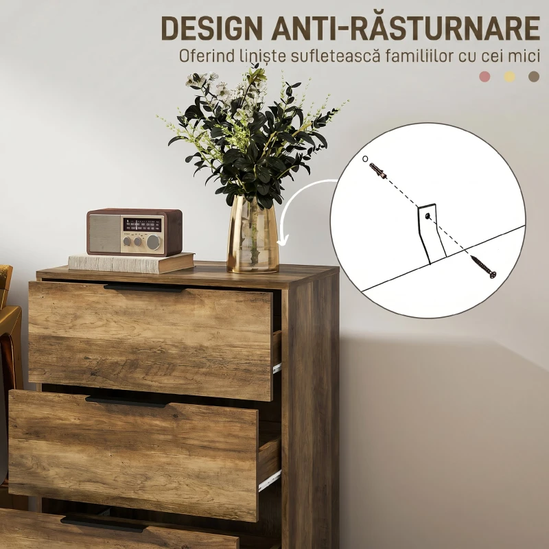 HOMCOM Comodă cu 3 sertare, sistem anti-răsturnare, cu mânere negre, din lemn și metal, 62x35x82 cm, maro închis