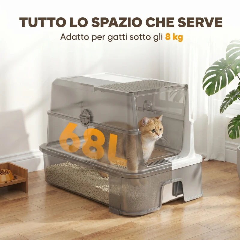 PawHut Lettiera per Gatti Chiusa  3 in 1 da 68L con Coperchio e Vassoio Estraibile in Acciaio Inox, Paletta, Grigio