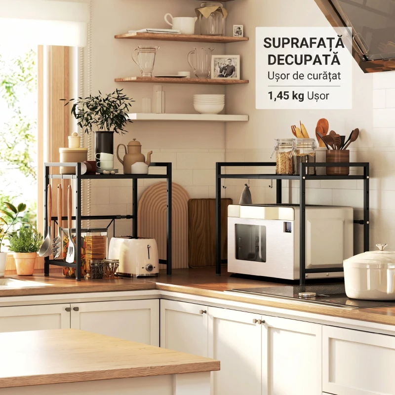HOMCOM Suport Extensibil pentru Cuptorul cu Microunde cu 2 Nivele și 3 Gănci, din Metal, 39.5-64x32x47.5 cm, Negru