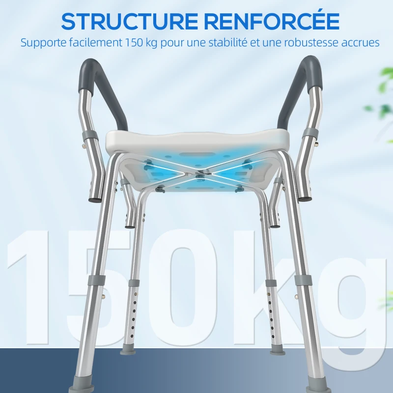 HOMCOM Tabouret de douche pour personnes âgées et handicapées avec accoudoirs, hauteur réglable, patins antidérapants, bleu