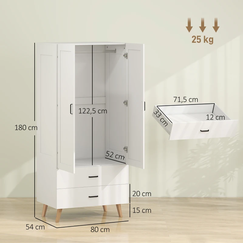 HOMCOM Armoire chambre penderie 2 portes à fermeture douce, 2 tiroirs et barre de suspension, 80x54x180cm, blanc