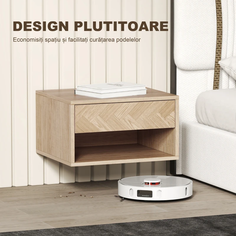 HOMCOM Set de 2 noptiere suspendate moderne cu sertar și spațiu deschis, 37x32x21 cm, lemn natural