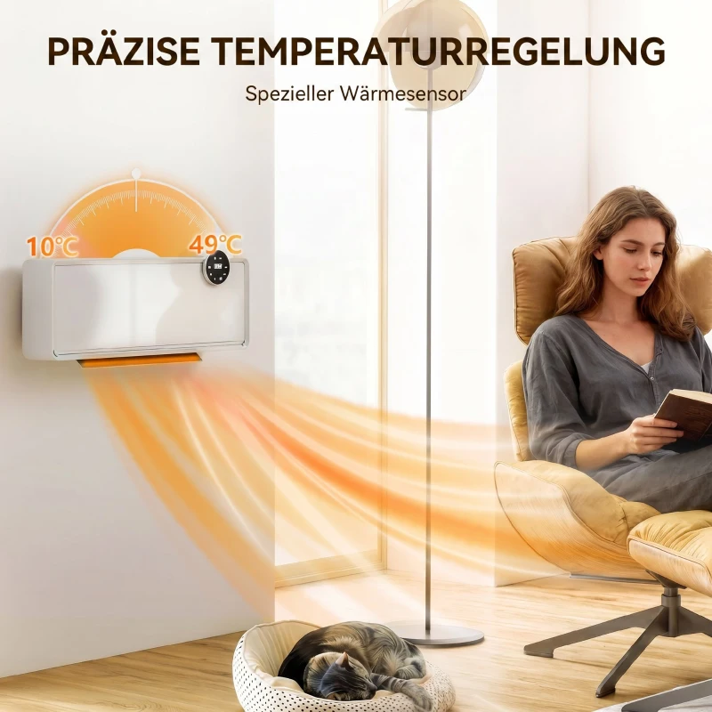 HOMCOM Aerotermă Electrică Ceramică de Perete 2000W cu 3 Moduri, Temperatură Reglabilă, Timer și Telecomandă, Alb