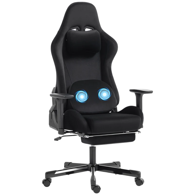 HOMCOM Scaun Gaming Ergonomic cu Masaj și Pernă Lombară Încălzită, Fotoliu Gaming Înclinat din In, Brațe 4D, Negru