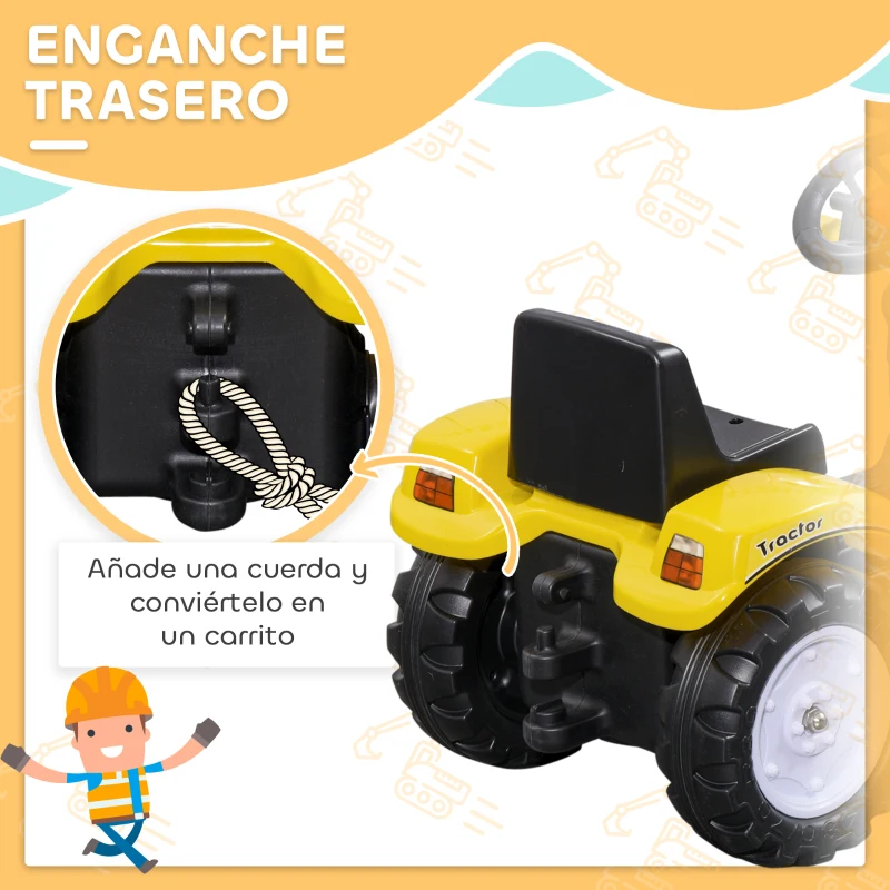 HOMCOM Tractor a Pedales para Niños a partir de 3 Años Excavadora con Pala Delantera Carga 35 kg 114x41x52 cm Amarillo