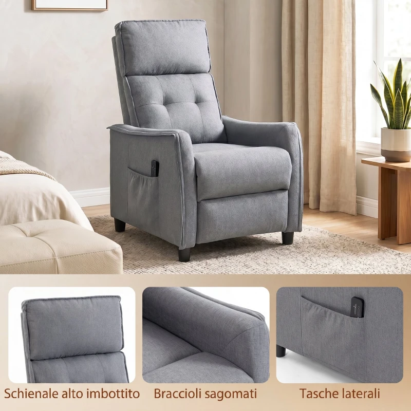 HOMCOM Poltrona Massaggiante e Reclinabile a 160° con Poggiapiedi e Telecomando, 69x93x104cm, Effetto Lino Grigio Chiaro