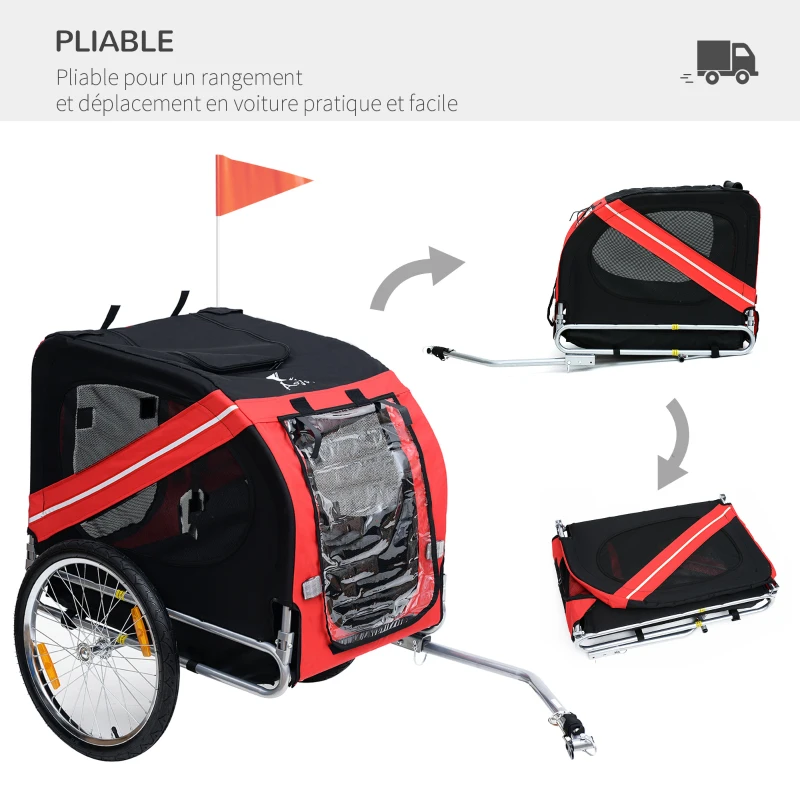 PawHut Remorque vélo pour Chien Animaux 8 réflecteurs Drapeau Barre attelage Inclus Acier Polyester imperméable Max. 30 Kg 130L x 73l x 90H cm Rouge