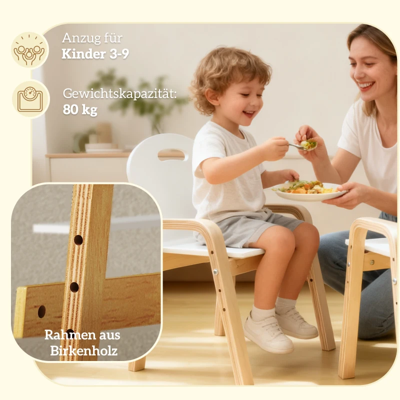 AIYAPLAY Holzstuhl-Set für Kinder, rutschfeste Fußpads, 3-9 Jahre, höhenverstellbar, Weiß