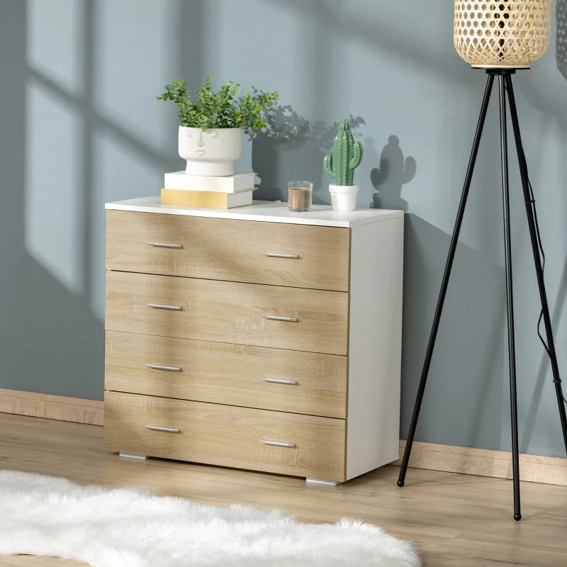 HOMCOM Commode Meuble de Rangement Style Contemporain 4 tiroirs 76 x 35 x 72 cm Blanc et Couleur Bois