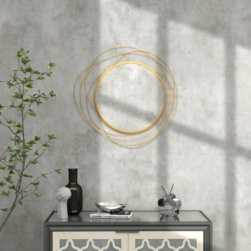 HOMCOM Oglindă decorativă modernă și rotundă de perete cu cârlige, din sticlă și metal, Ø65x1 cm, auriu
