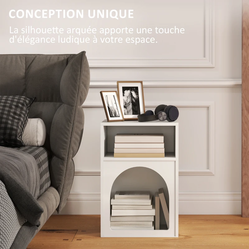 HOMCOM Lot de 2 tables de chevet, table de nuit avec compartiments ouverts, design arqué, 40 x 30 x 60 cm, blanc